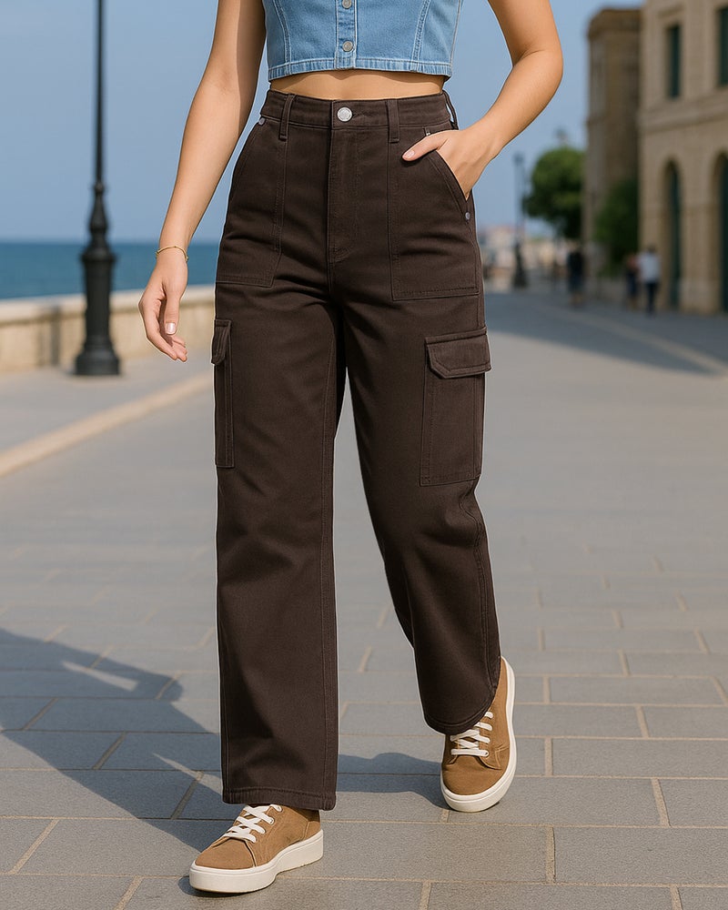 bewakoof Women's Dark Brown Straight Fit Cargo Jeans - Image 1